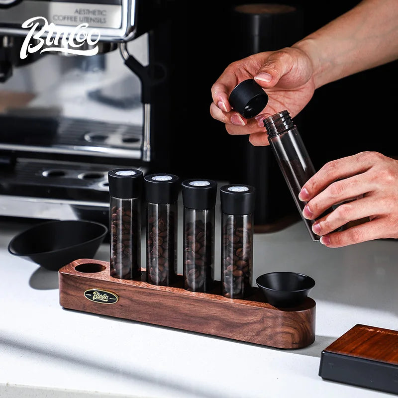 Coffee Bean Storage Tubes & Walnut Wood Display Stand Coffee Bean Storage Set Qst