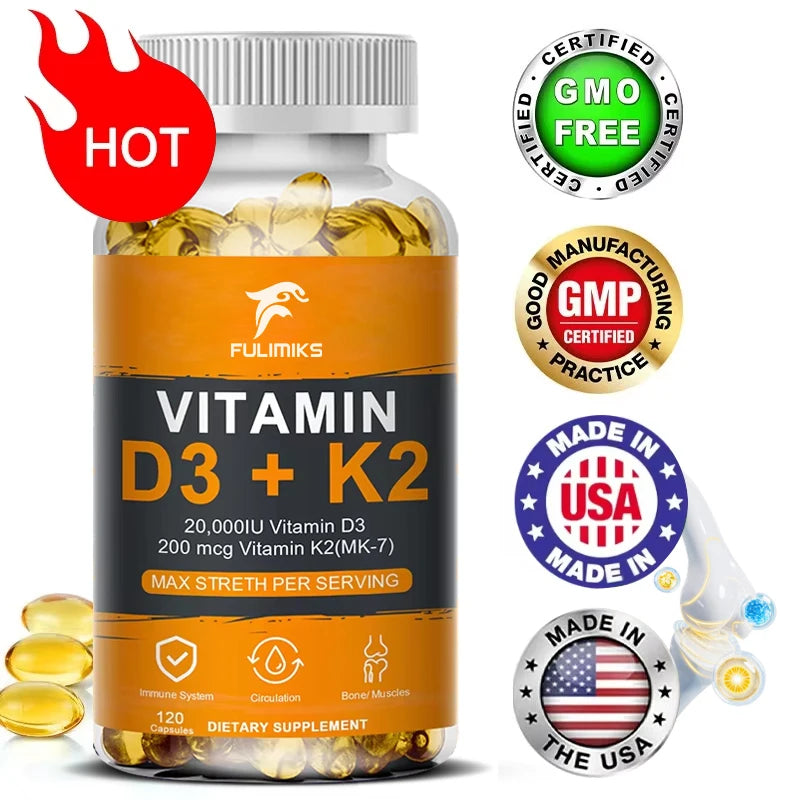 Vitamin D3 K2 Capsules 20,000 IU – Bone & Heart Support Vitamin Supplement Qst