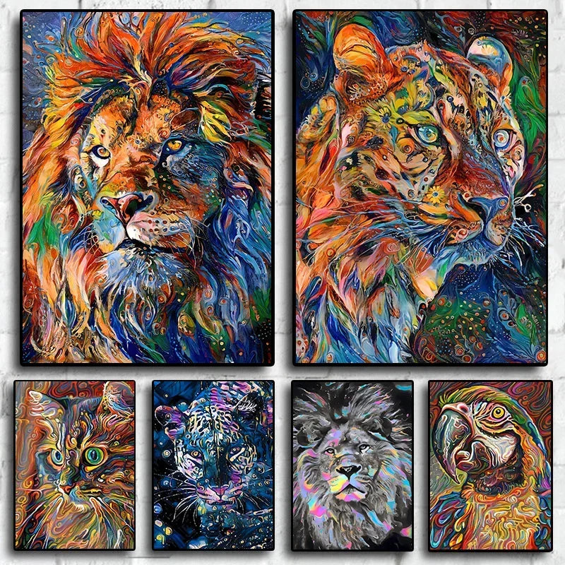 Abstract Animal Canvas Wall Art – Lion Tiger Cat Retro Prints Canvas Wall Art Qst