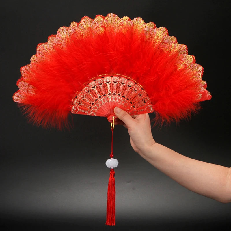 Feather Folding Hand Fan – Gothic Lolita Dance & Party Fan Feather Folding Fan Qst Red with pendant