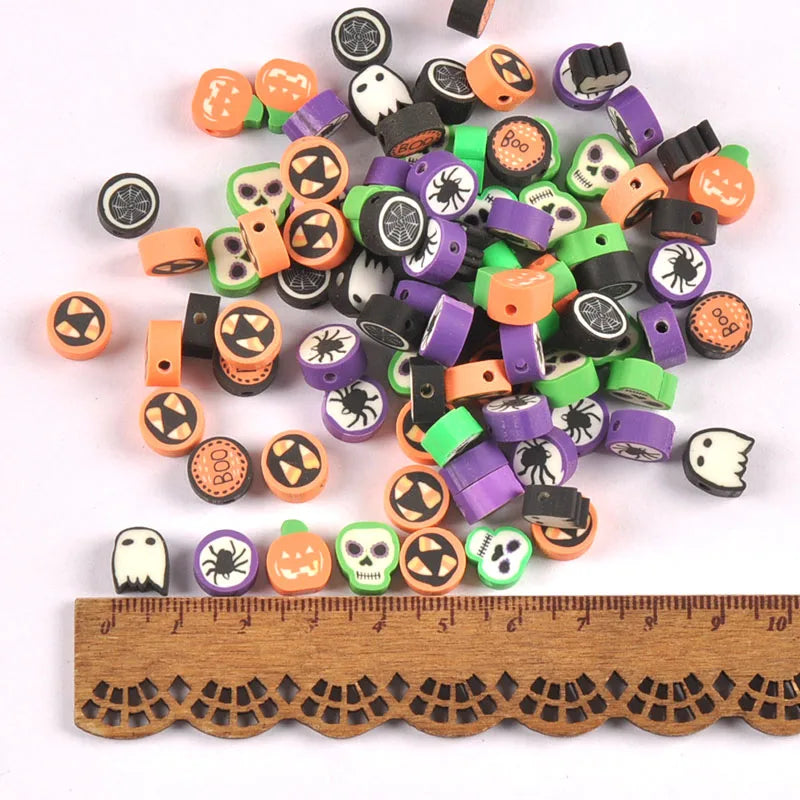 Polymer Clay Halloween Beads – Pumpkin Skull Spider Mix 10mm Craft Beads Qme mixed