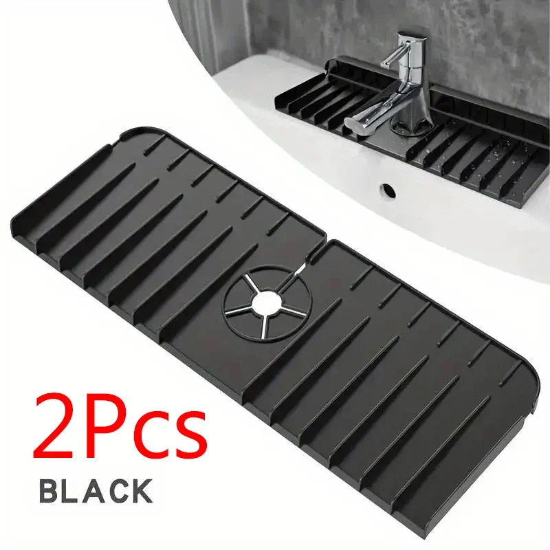 Silicone Faucet Sponge Holder & Sink Drying Pad – 4 Colors Silicone Sink Organizer Qme Black-2PCS