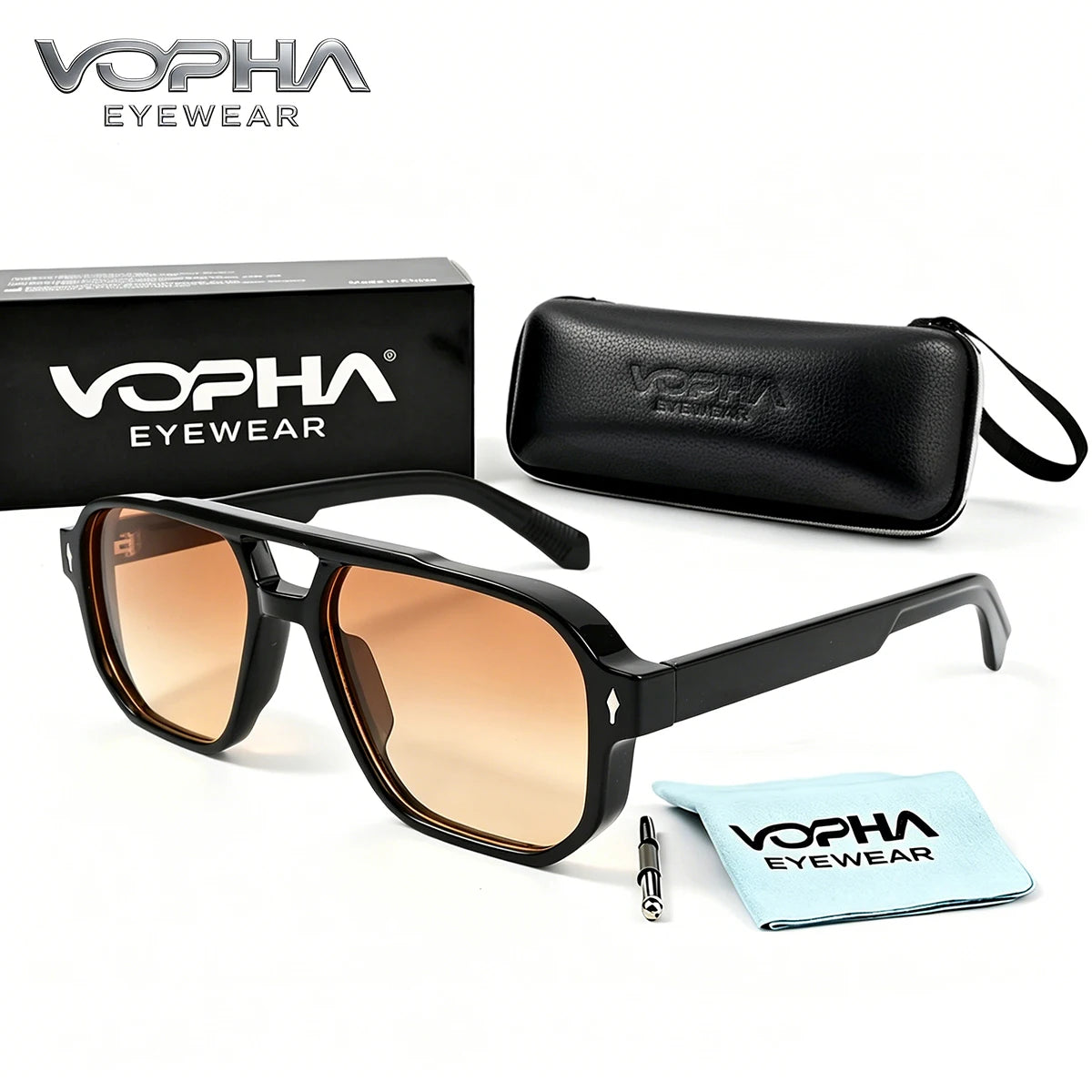 VOPHA Retro Pilot Sunglasses Double Bridge UV400 Unisex Pilot Sunglasses Qst Black orange