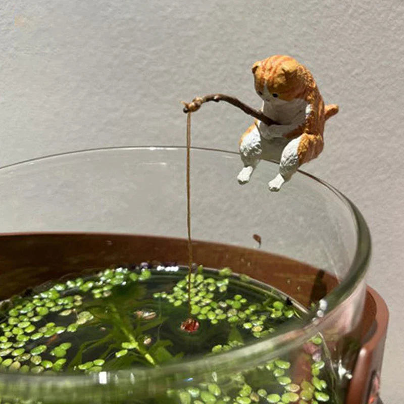 Fishing Cat Fish Tank Ornament | Resin Micro Landscape Decor Aquarium Ornament Qme