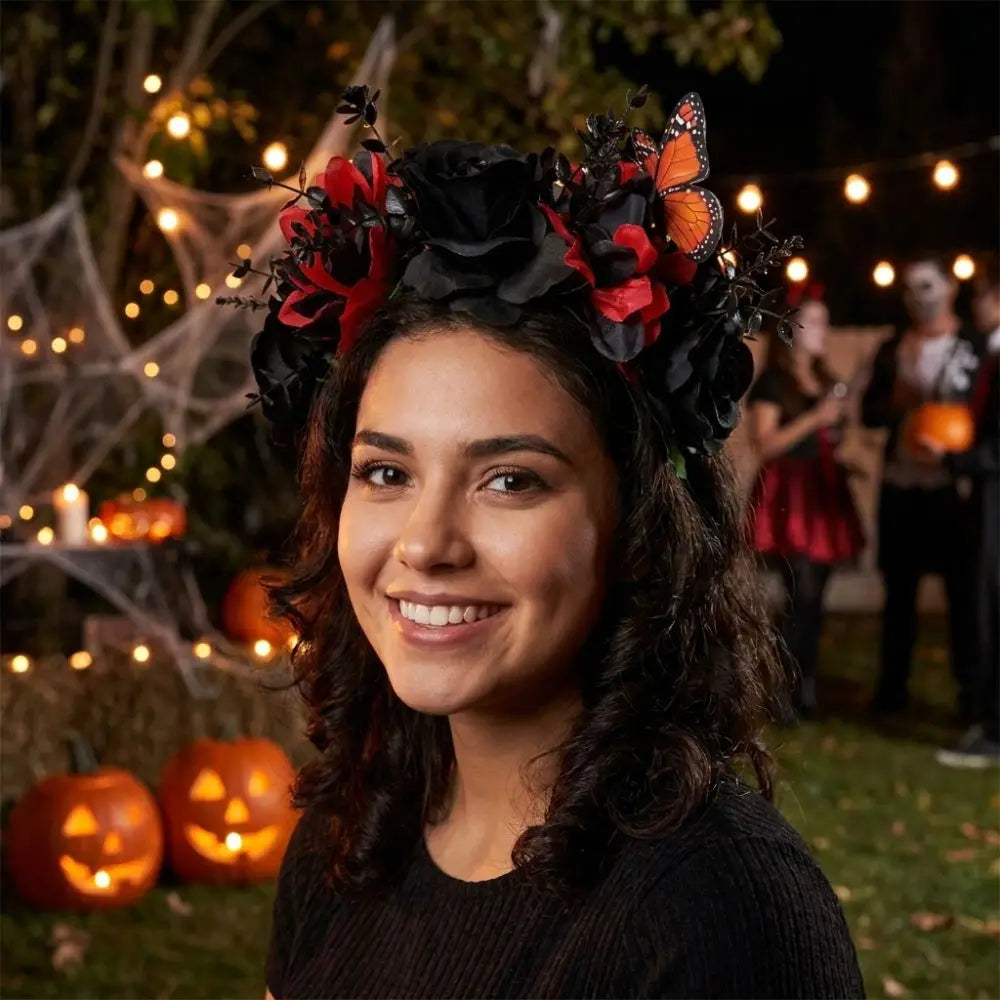 Gothic Rose Flower Crown with Butterfly – Halloween Headband Flower Crown Headband Qme
