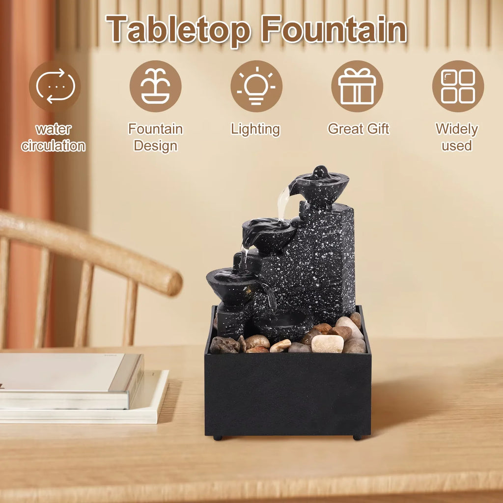 Tabletop Waterfall Fountain LED Décor – Desktop Zen Ornament Tabletop Water Fountain Qst