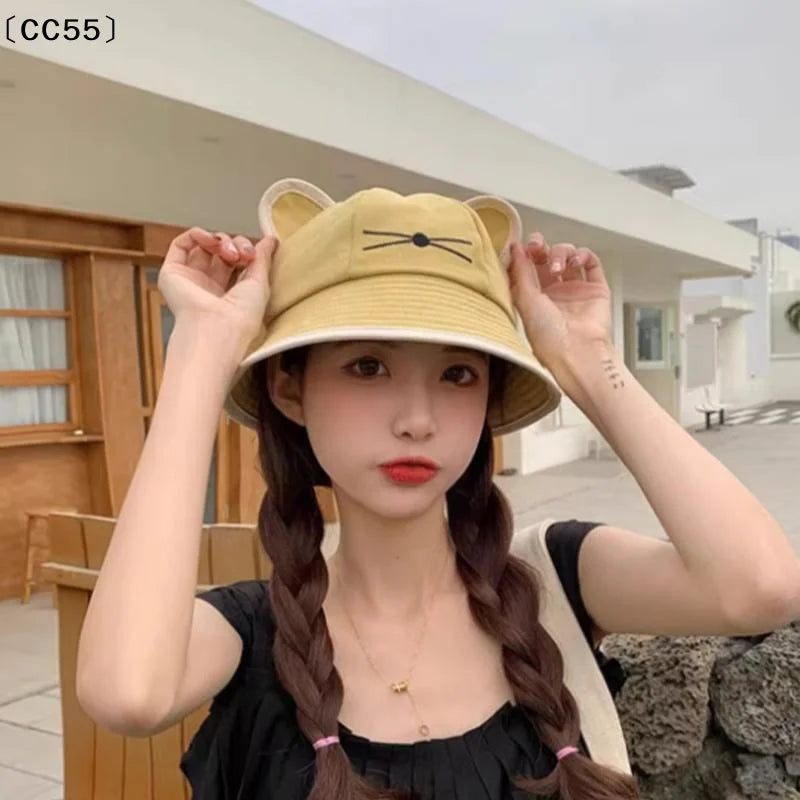 Women's Cat Ear Bucket Hat – Sun Protection Street Style Bucket Hat Qst