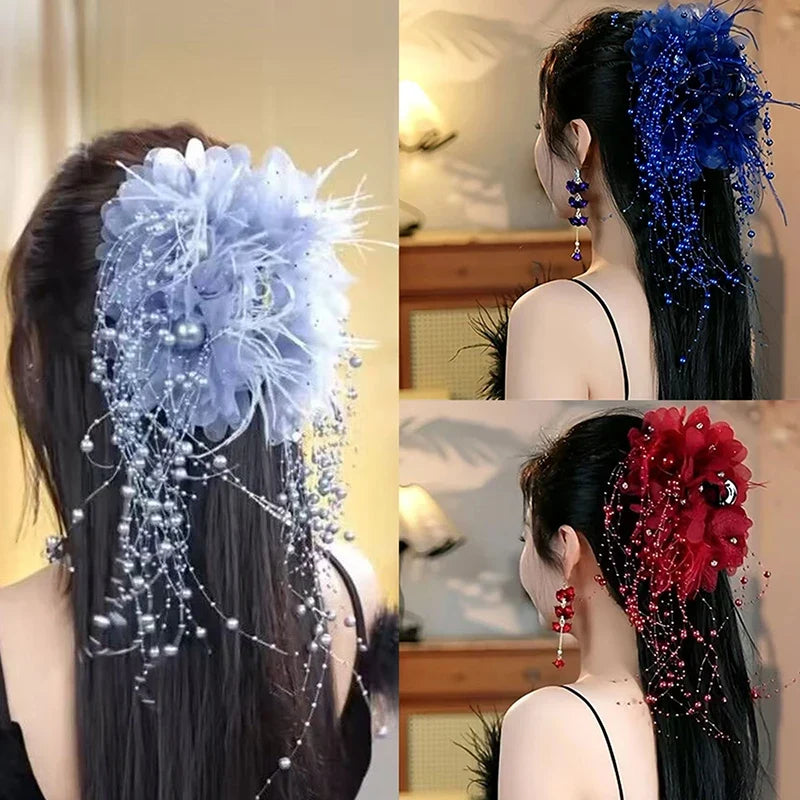 Women's Luxury Mesh Flower Pearl Tassel Hair Clips Hair Clip Qme