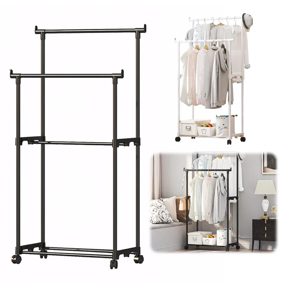 Double Rod Garment Rack with Wheels – Portable Clothes Organizer Rolling Garment Rack Qme