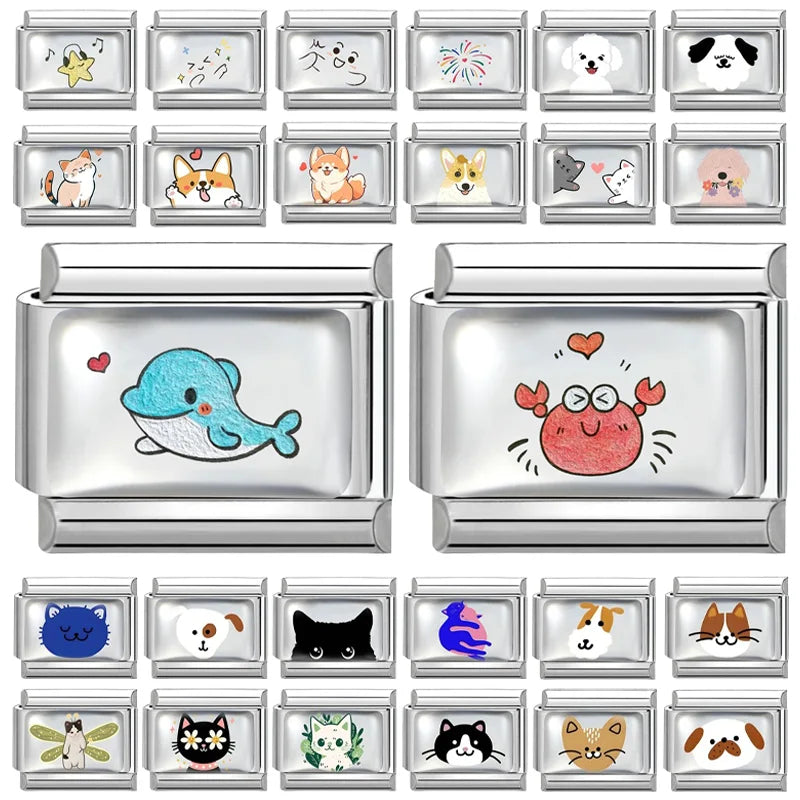 Kawaii Italian Charm Link Bracelet – Dolphin, Crab & Cat Charm Link Bracelet Qme