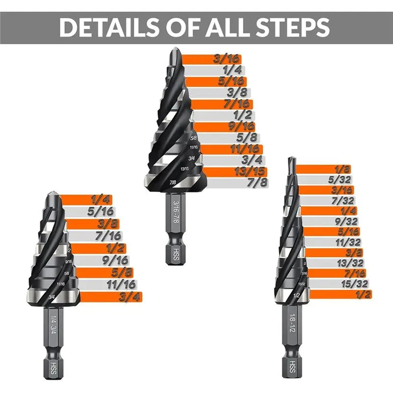 4-Piece HSS Step Drill Bit Set – Spiral Flute Unibit 1/4" Shank Step Drill Bit Set Qme