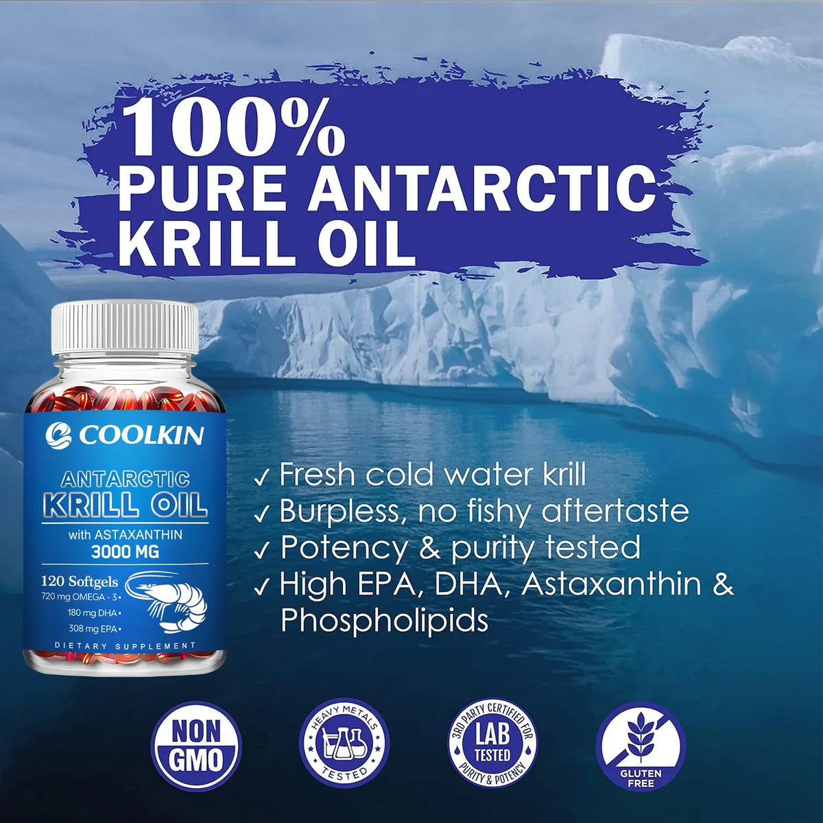 Coolkin Antarctic Krill Oil 3000mg – Omega-3 EPA & DHA Softgels Omega-3 Supplement Qst