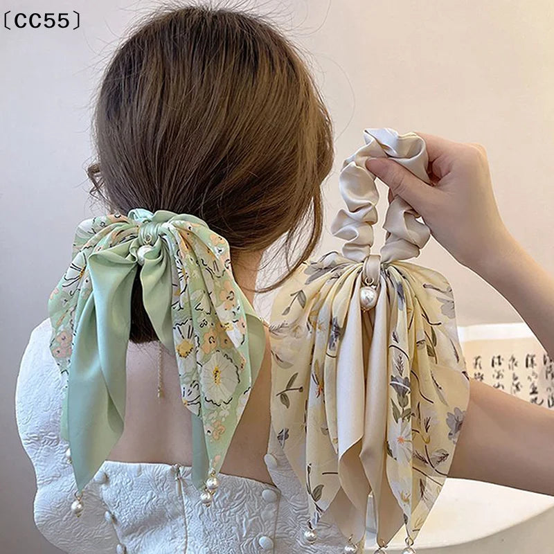 Chiffon Floral Hair Scrunchie – Vintage Ponytail Scarf Tie Hair Scrunchie Qst