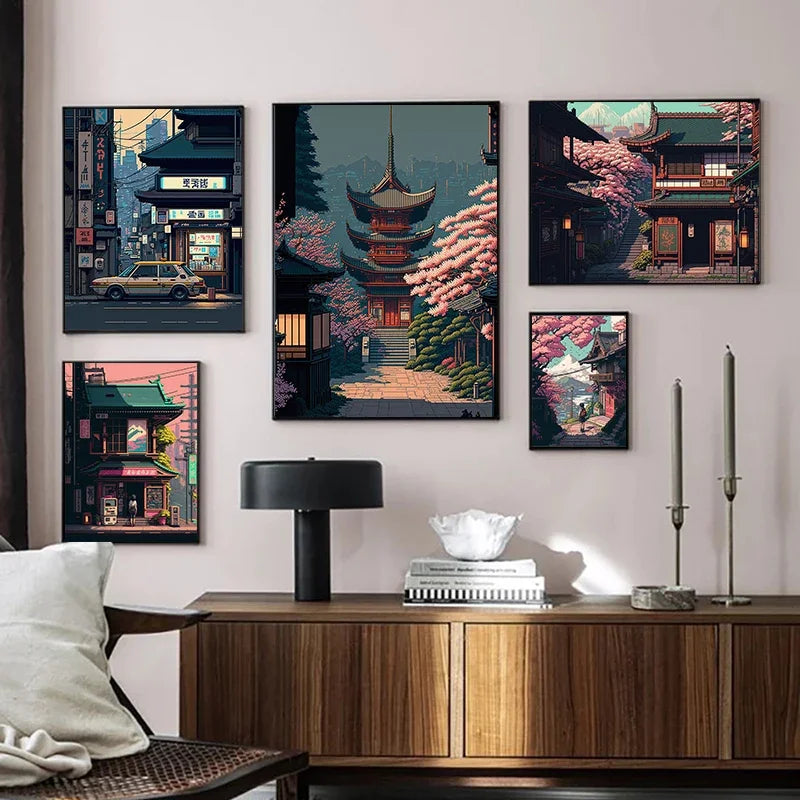 Japan Pixel Street Landscape Canvas Wall Art Print | Home Decor Canvas Wall Art Qst
