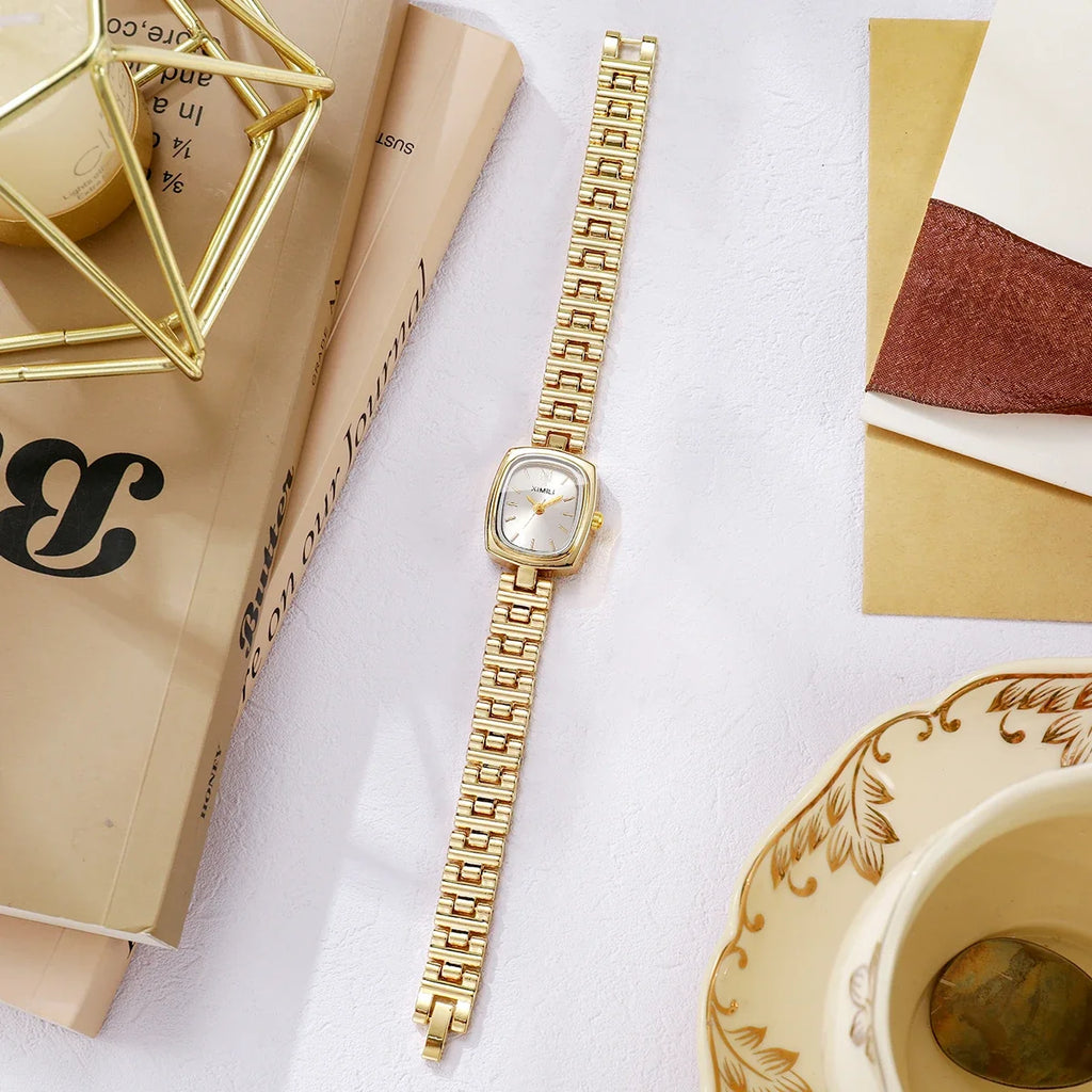 Women's Small Square Watch – Gold Tone & Silver Dial Women's Fashion Watch Qme