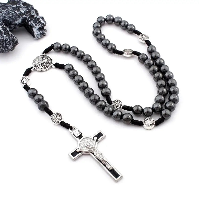 St. Benedict Catholic Cross Pendant Necklace – Black Stone Pendant Necklace Qme A4
