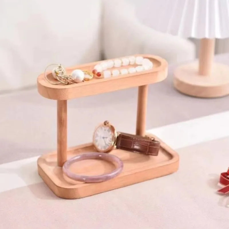 Wooden Double-Layer Tray Rack – Cosmetics & Jewelry Storage Desktop Storage Rack Qme