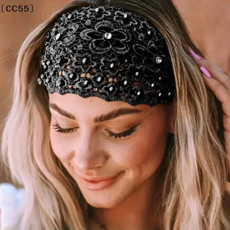 Women's Rhinestone Faux Pearl Hollow Flower Wide Headband Fashion Headband Qst