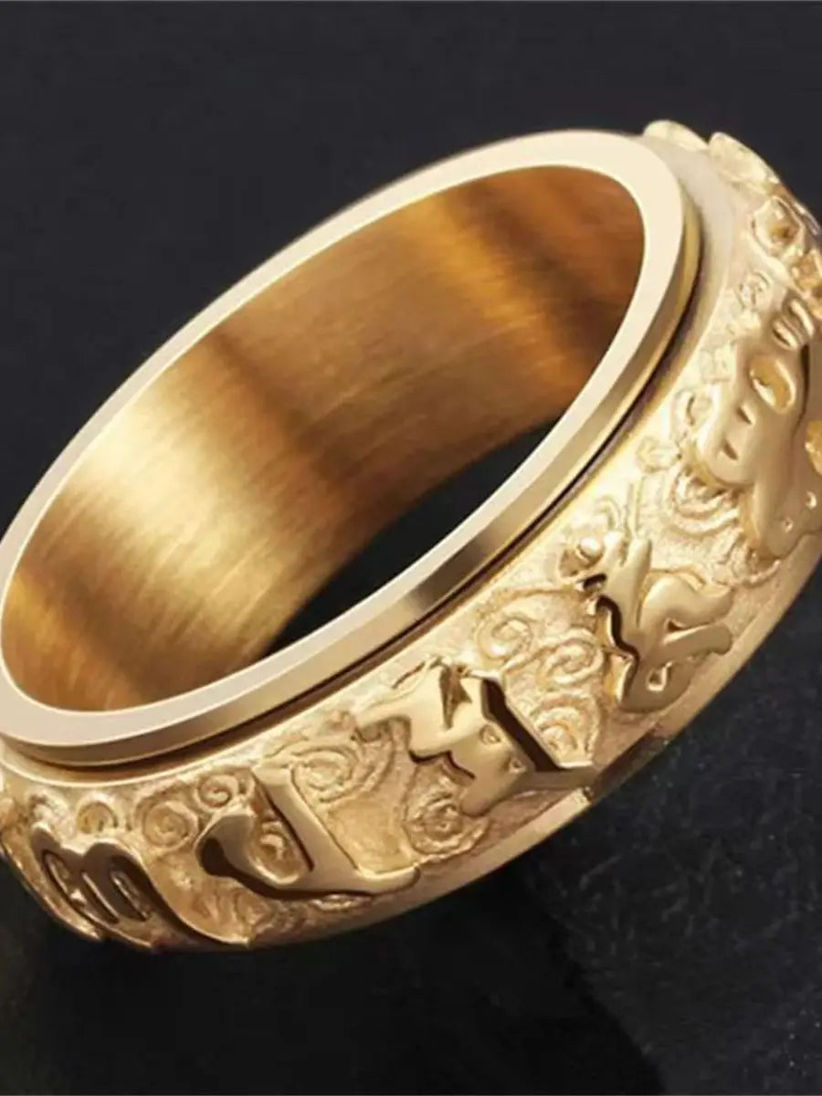 Titanium Steel Buddhist Om Mani Rotatable Ring – Men & Women Spinner Ring Qme
