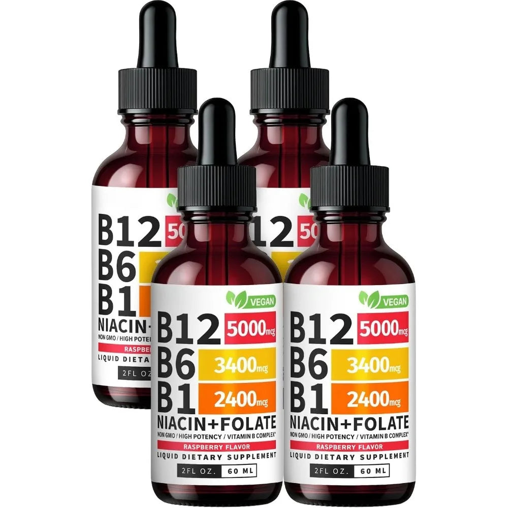 Vitamin B12 B6 B1 Liquid Drops 60ml – Vegan B Complex, 40 Servings Liquid Vitamin Supplement Qst 4 bottles
