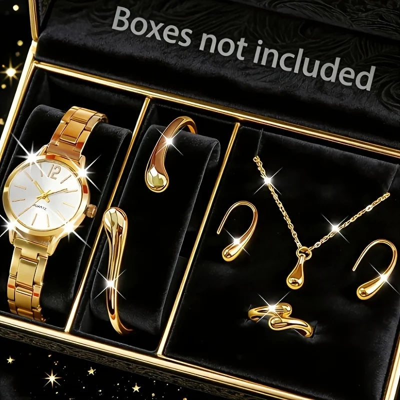 Women's Elegant Gold Quartz Watch & Jewelry Set | 6-Pcs Jewelry Gift Set Qme Gold