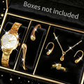 Women's Elegant Gold Quartz Watch & Jewelry Set | 6-Pcs Jewelry Gift Set Qme Gold