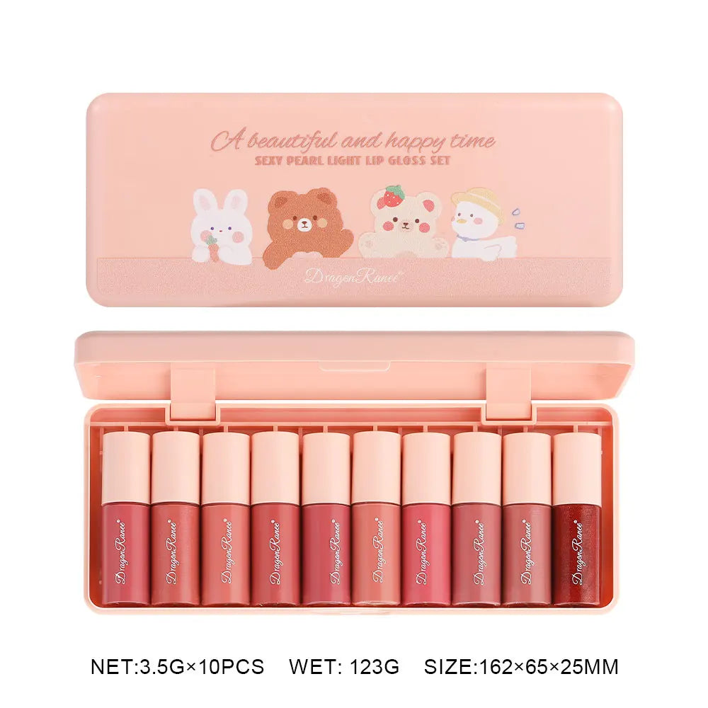 10-Color Cartoon Mini Mirror Lip Gloss Set – Moisturizing Lip Gloss Set Qme