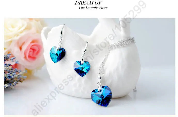 Blue Austrian Crystal 925 Sterling Silver Heart Pendant Set Crystal Jewelry Set Qme