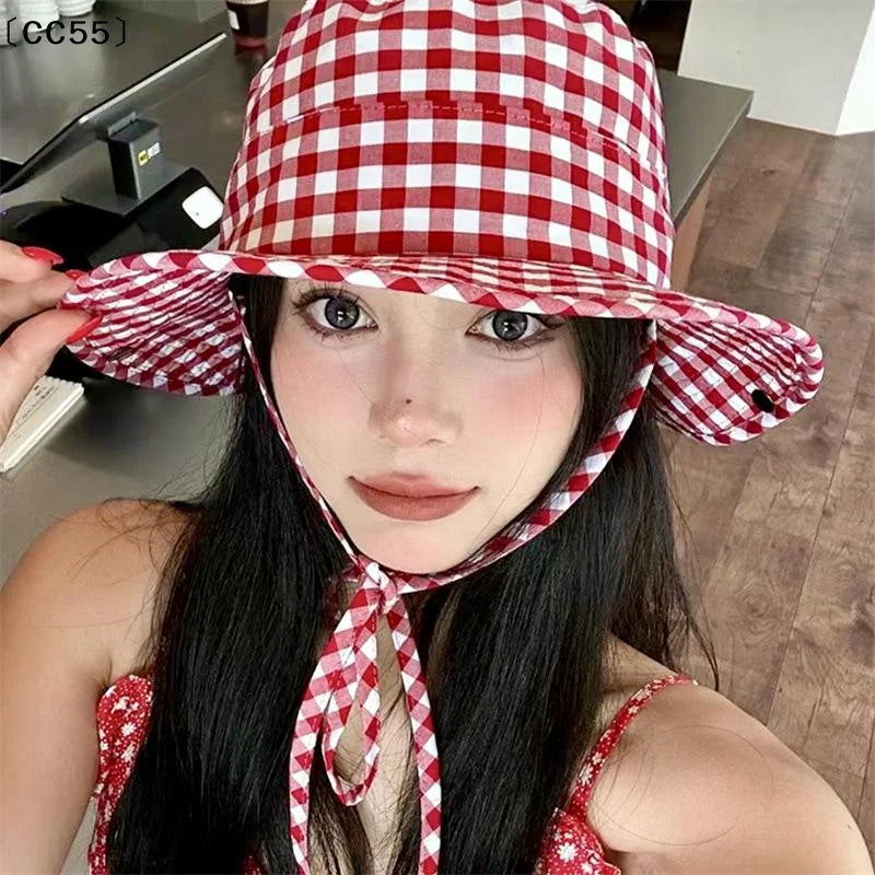 Vintage Plaid Bucket Hat – Wide Brim UV Sun Hat for Women Bucket Sun Hat Qst