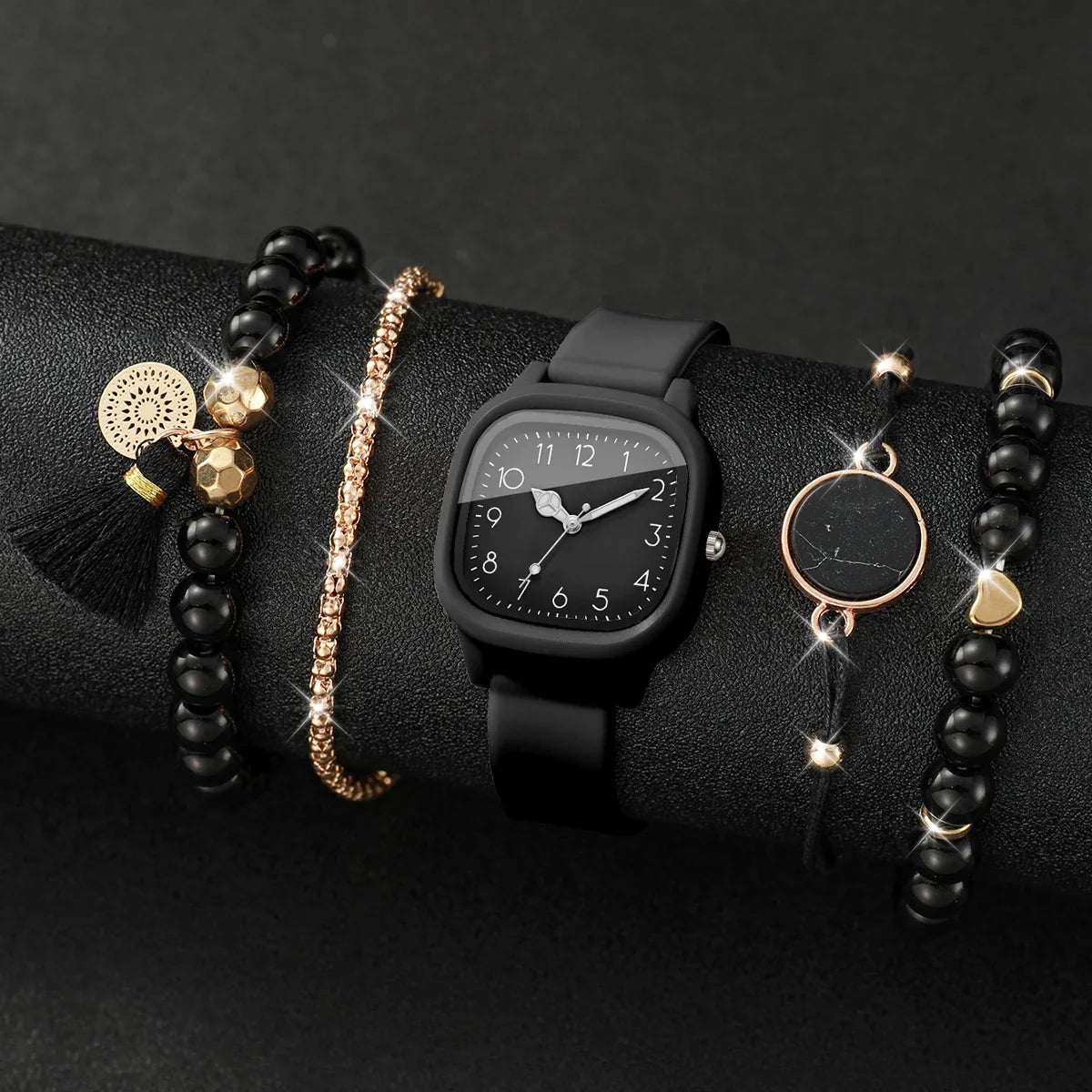 Women's Quartz Watch & Bracelet Stack – Silicone, Beads & Tassel Watch Bracelet Set Qme