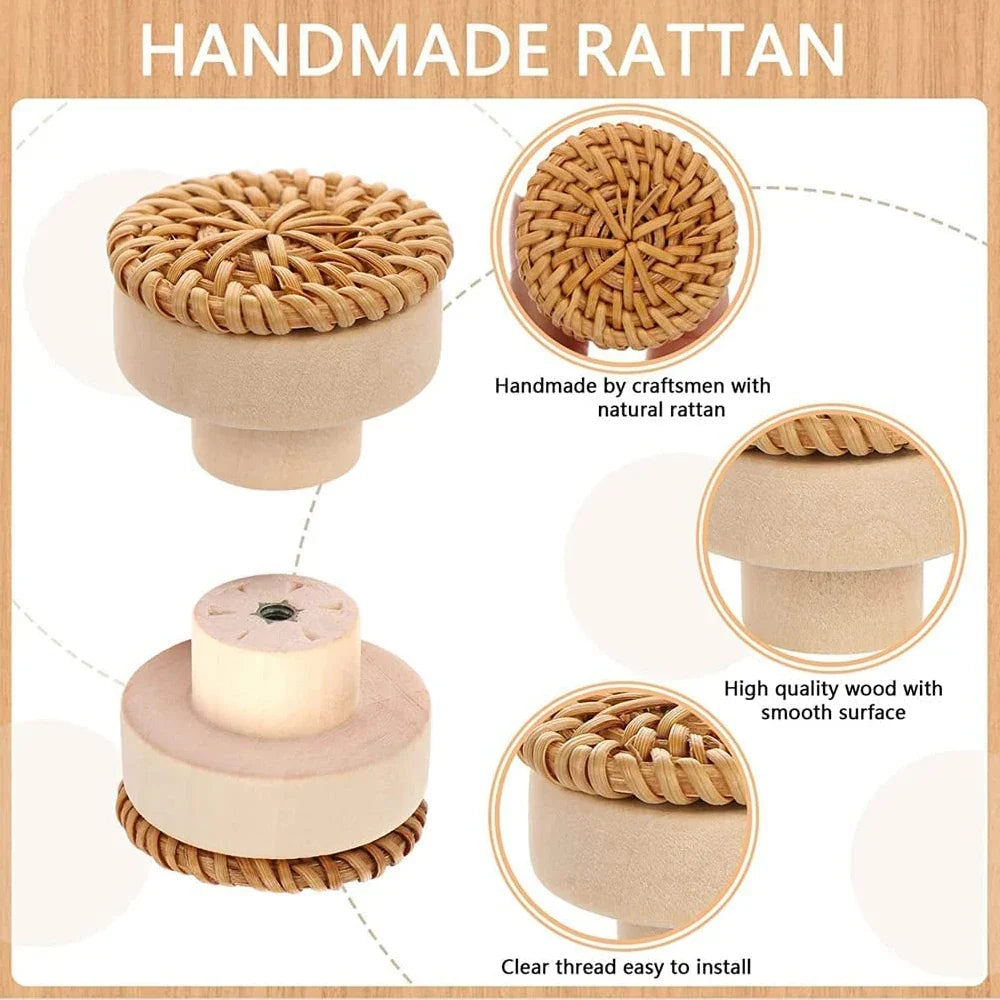 Rattan Wooden Drawer Knobs – Handmade Round Cabinet Handles Cabinet Drawer Knobs Qme