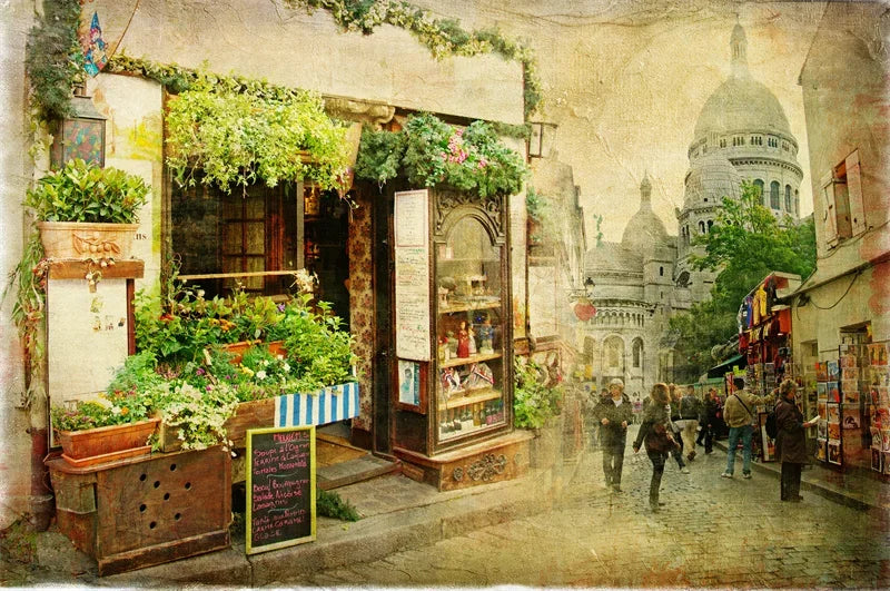 Retro Nostalgic Town Canvas Poster | Flowers Boats Bicycles