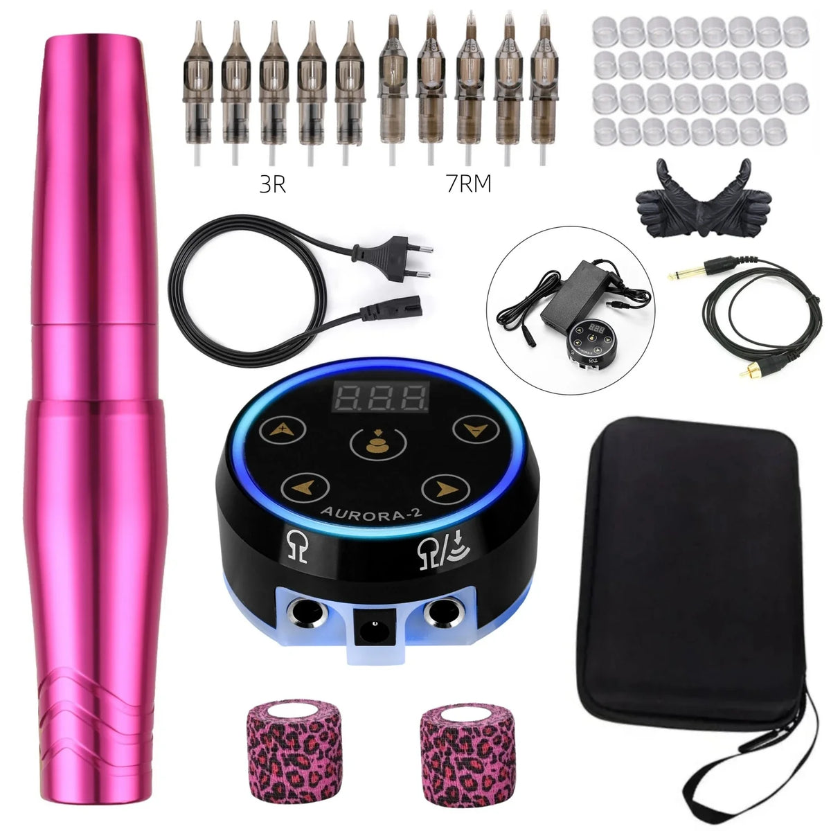 AURORA II Colorful Tattoo Power Supply | PMU Rotary Machine Tattoo Power Supply Qme Rosered Black Kit
