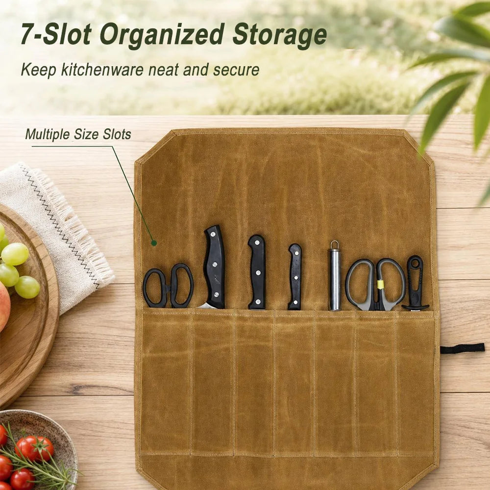 Portable Knife Roll Bag – 7-Slot Canvas Knife Storage for Camping Knife Roll Bag Qst