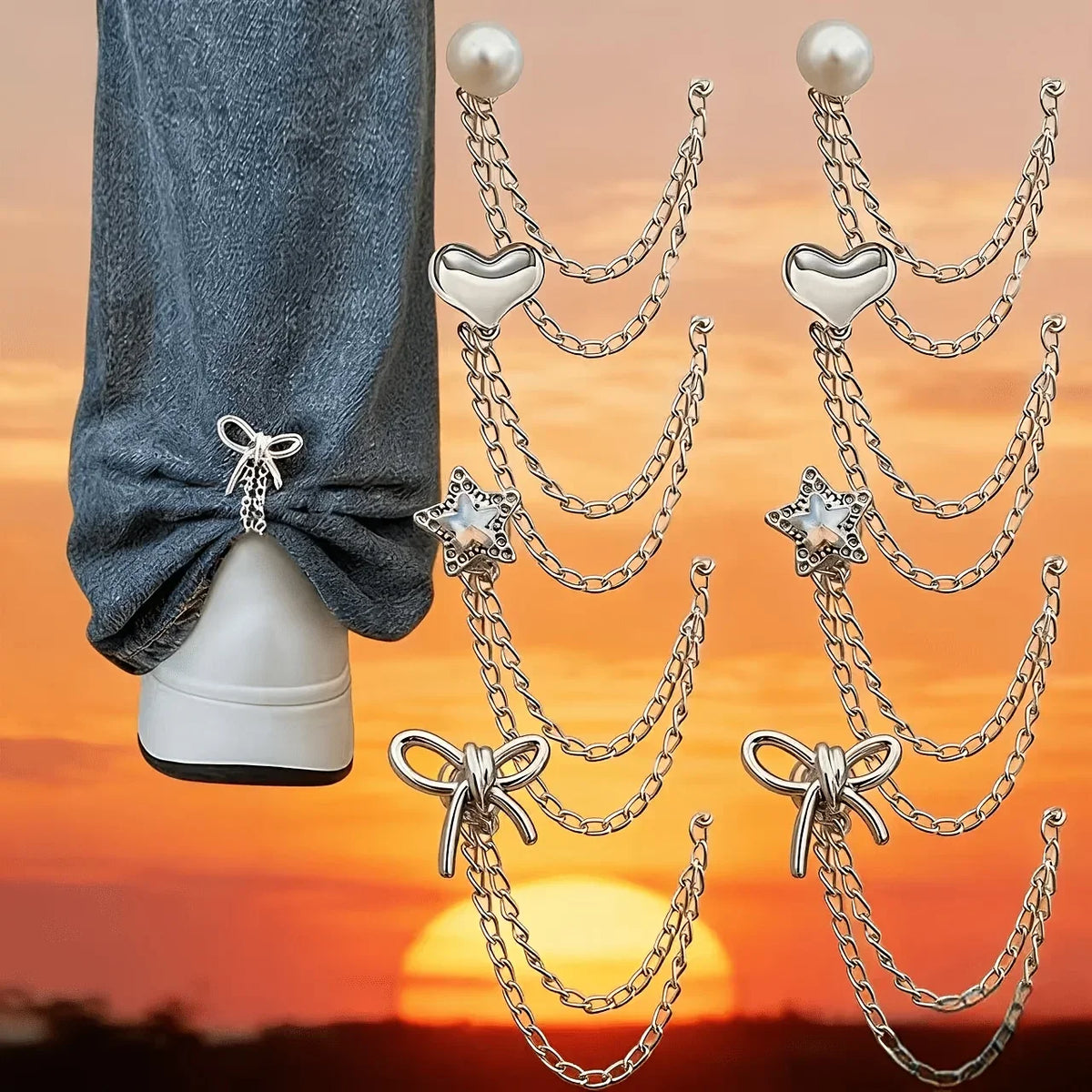 Multi-Layer Tassel Chain Jeans Cuff Clips – Bow Star Pearl Decorative Cuff Clip Qme