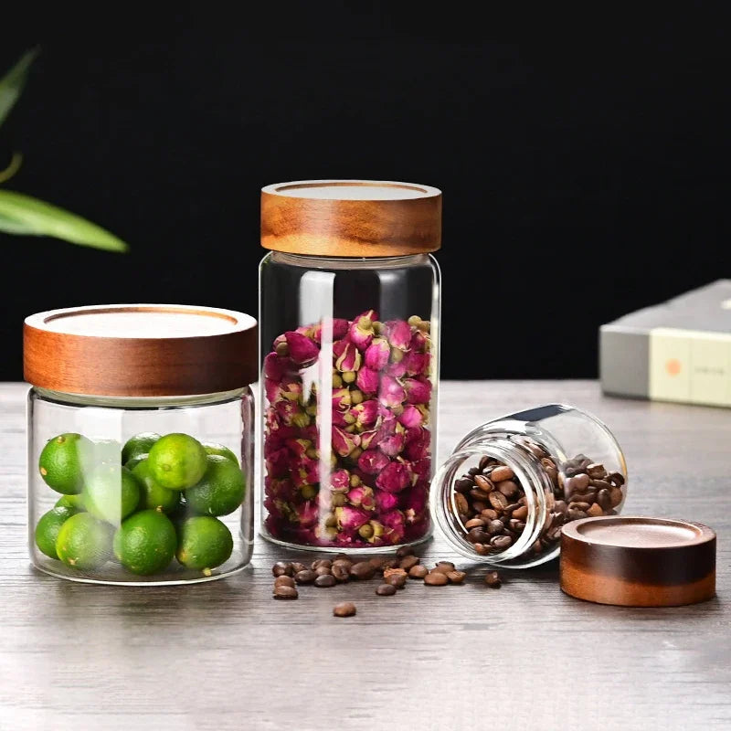 Glass Coffee Bean Storage Tube with Wooden Lid | 100–300ML Glass Storage Canister Qme