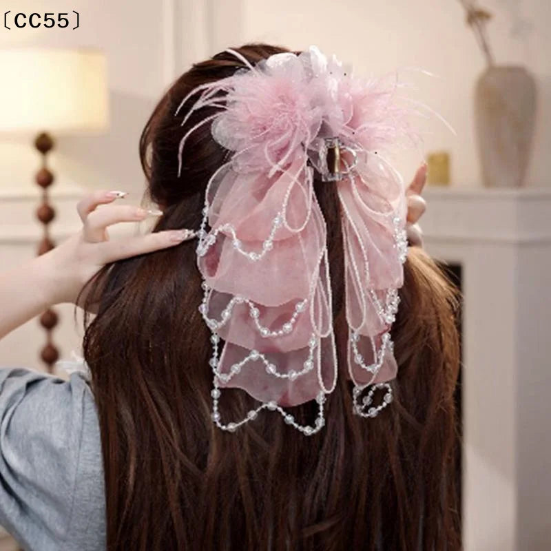 Feather Flower Bow Shark Hair Claw Clip – Women's Headwear Bow Shark Hair Clip Qst