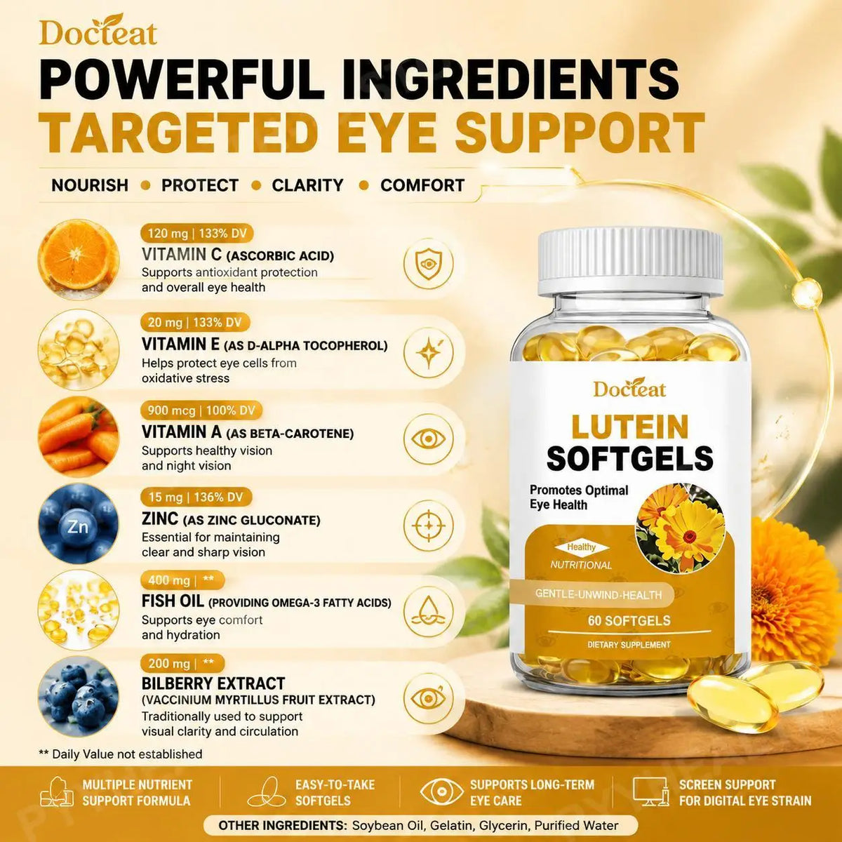 Lutein Zeaxanthin Softgels – Bilberry, Fish Oil & Astaxanthin, 60ct Eye Wellness Supplement Qst