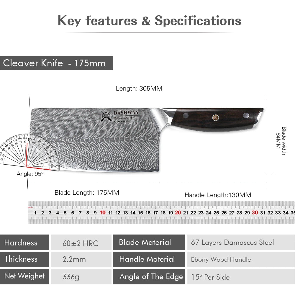 DASHWAY 7" Damascus Steel Cleaver Knife – Ebony Handle Damascus Cleaver Knife Qst