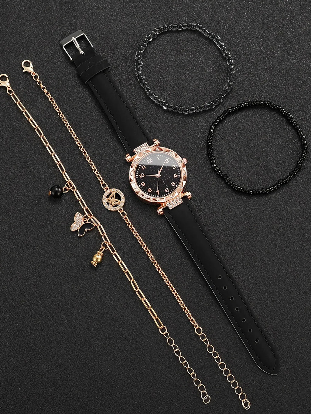 Rose Gold Women's Quartz Watch & Black Bracelet Set | Qme Watch & Bracelet Set Qme