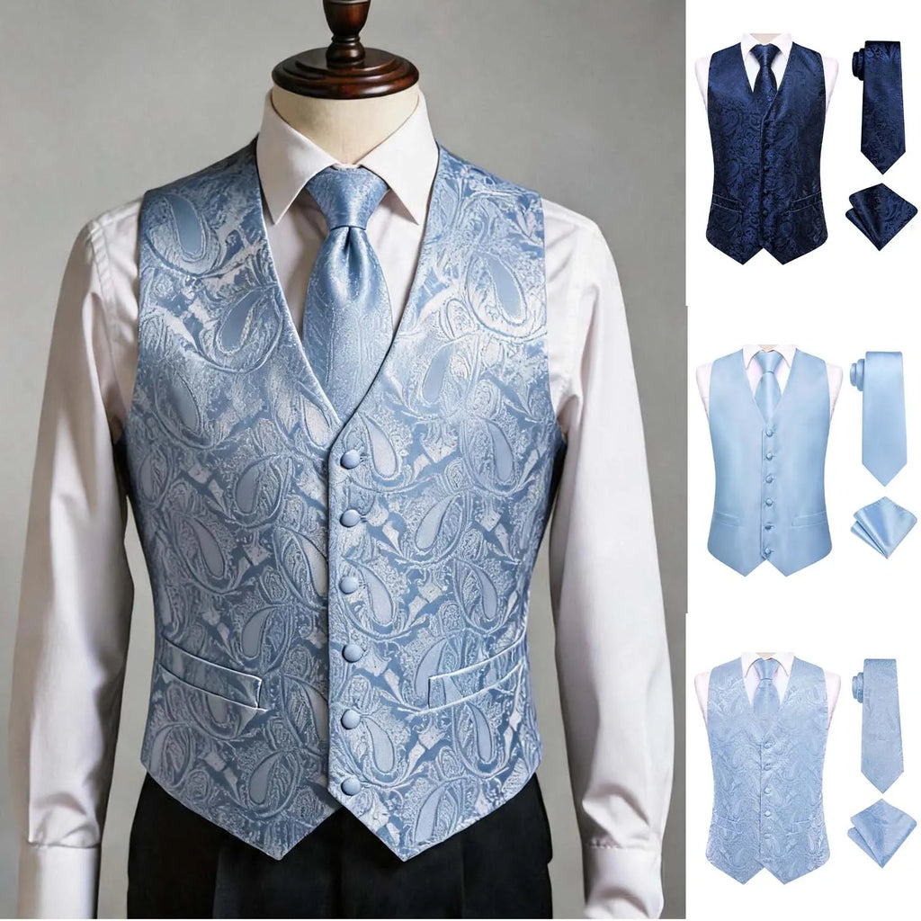 Men's Blue 3-Piece Suit Set – Vest, Tie & Pocket Square Men's Suit Set Qme