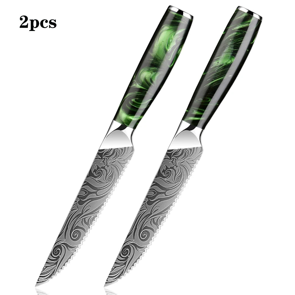 XITUO Serrated Steak Knife Set – Stainless Steel & Green Resin Steak Knife Set Qst LSZL211025R13-2PC