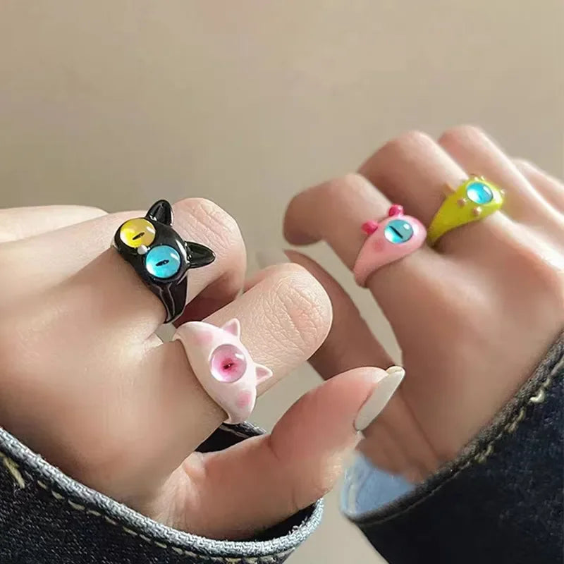Cute Cartoon Cat Monster Resin Open Ring – Fun Statement Jewelry Novelty Fashion Ring Qme