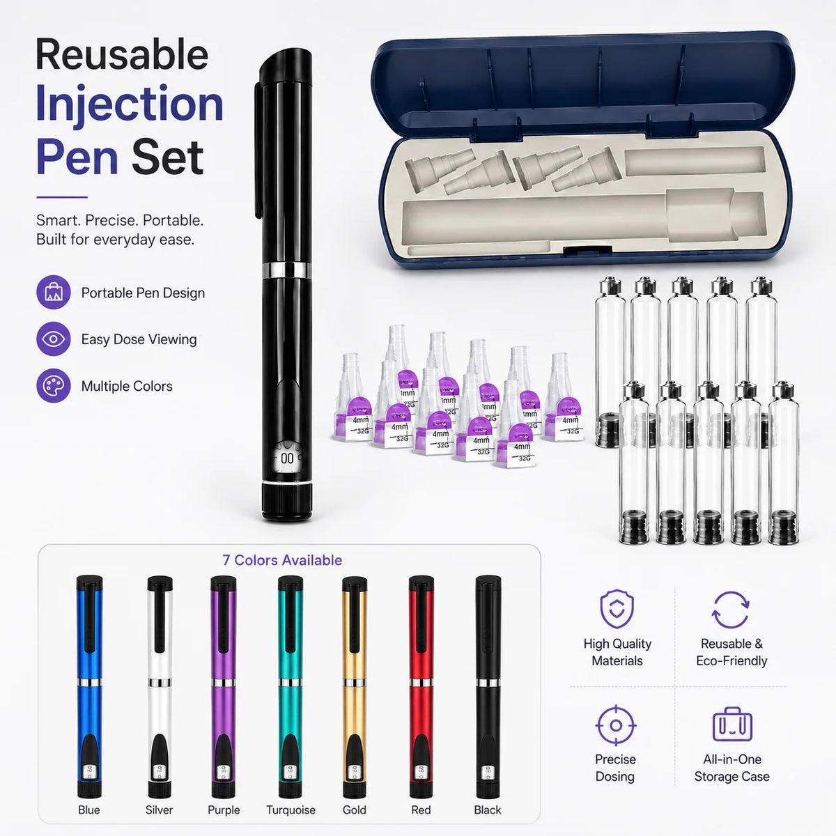 Reusable V3 Metal Injection Pen – Adjustable Dose Refillable Kit Injection Pen Kit Qst