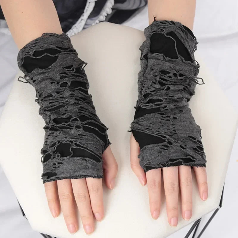 Punk Gothic Black Fingerless Gloves – Ripped Slit Unisex Fingerless Gloves Qme