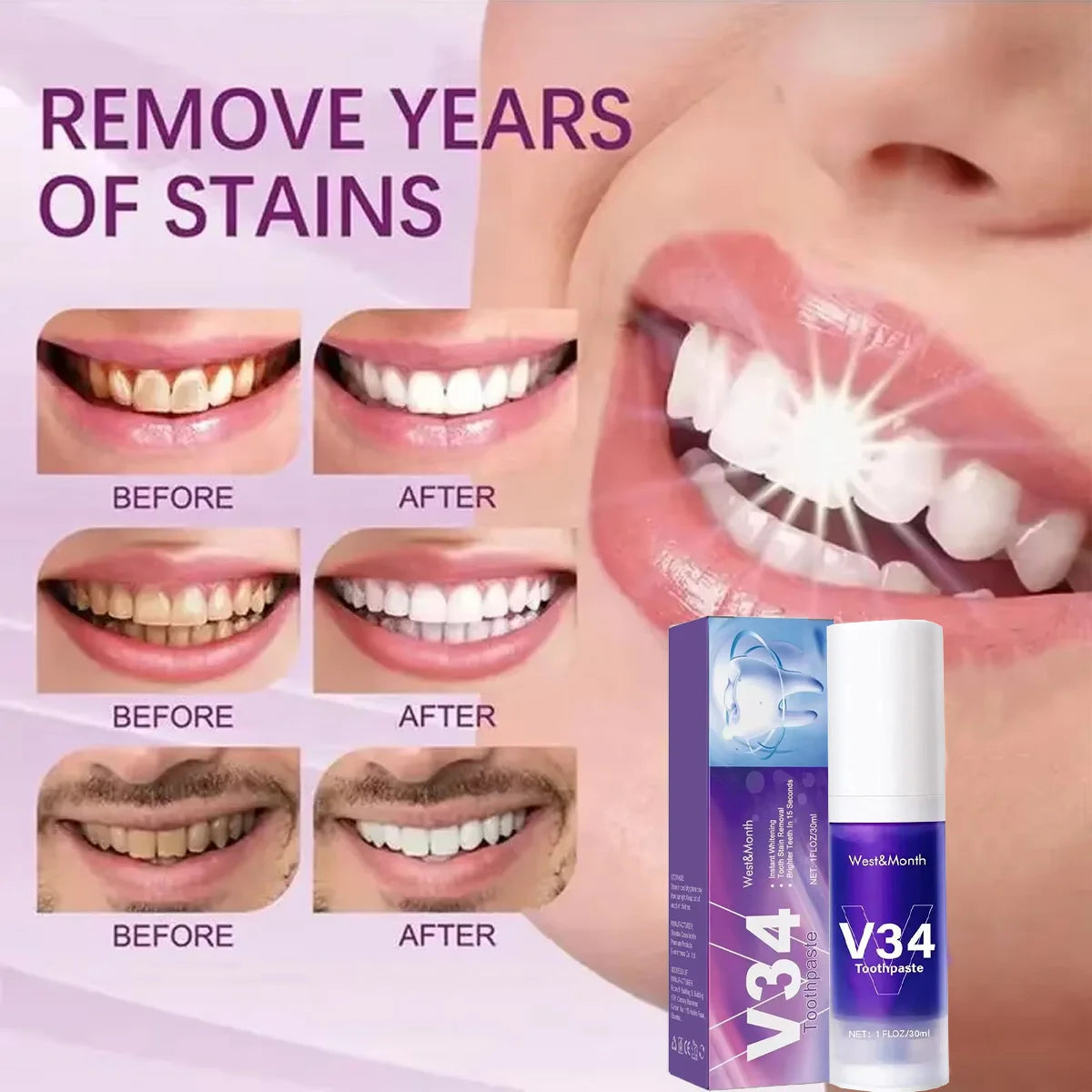 V34 SmileKit Purple Whitening Toothpaste 30ml – Color Corrector Whitening Toothpaste Qst