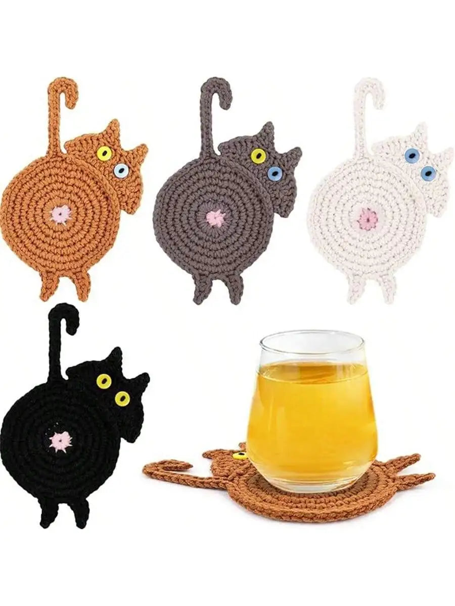Peeking Cat Crochet Coaster | Cat Lover Gift & Insulated Coaster Crochet Coaster Qme