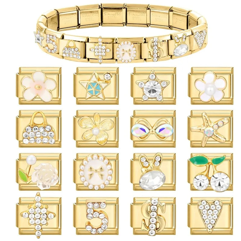 Women's Italian Charm Bracelet Links – Gems, Flower, Heart & Star Charm Bracelet Link Qme
