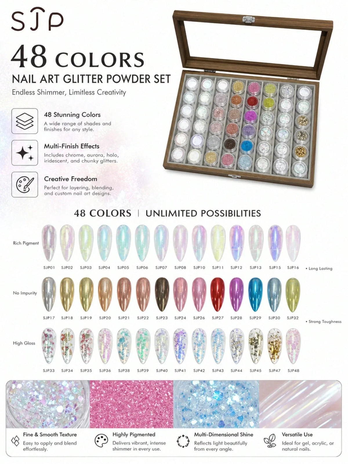 48-Color Aurora Ice-Clear Nail Powder Set with Storage Box Nail Powder Set Qme