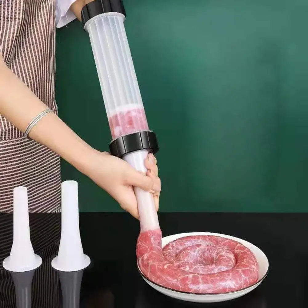Manual Sausage Maker with 3 Stuffing Nozzles | Handheld Filler Sausage Stuffer Tool Qme